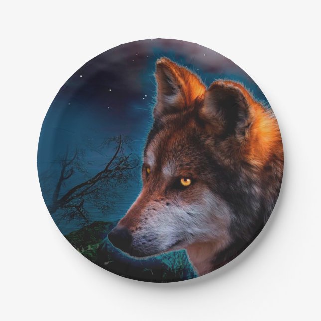 Wolf and the moon at midnigt paper plates (Front)