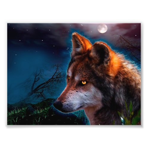 Wolf and the moon at midnigt photo print