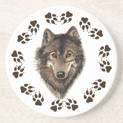 Wolf and Tracks Watercolor  Animal Coaster