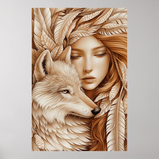 Wolf and Woman in Feathers Poster (Front)