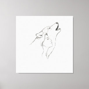 Wolf and Woman Minimalist Line Art Tapestry Blac Canvas Print