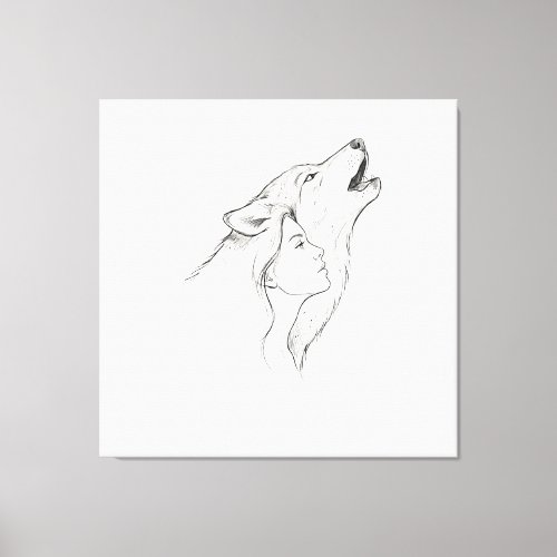 Wolf and Woman Minimalist Line Art Tapestry | Blac Canvas Print