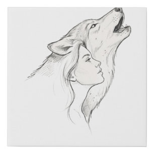 Wolf and Woman Minimalist Line Art Tapestry Blac Faux Canvas Print