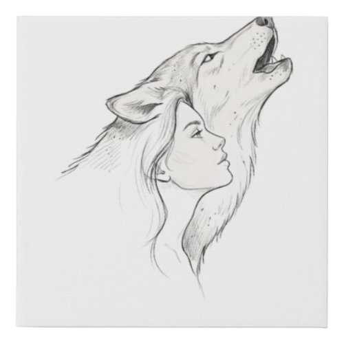 Wolf and Woman Minimalist Line Art Tapestry | Blac Faux Canvas Print