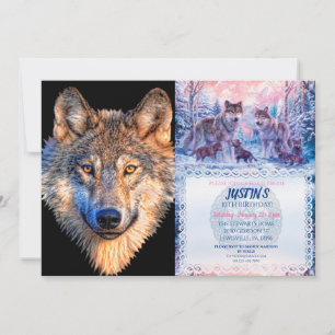 Wolf animal face. Scary grey wolf head Invitation