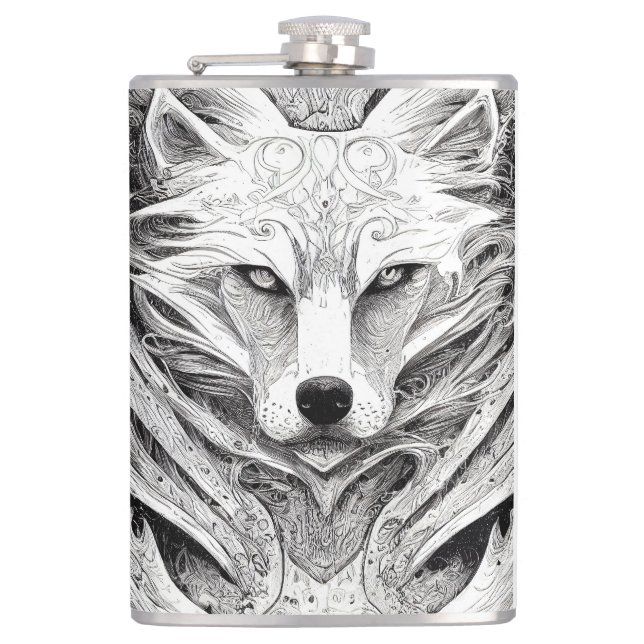 Wolf Animal Wild Nature Illustration Line Epic Art Flask (Front)