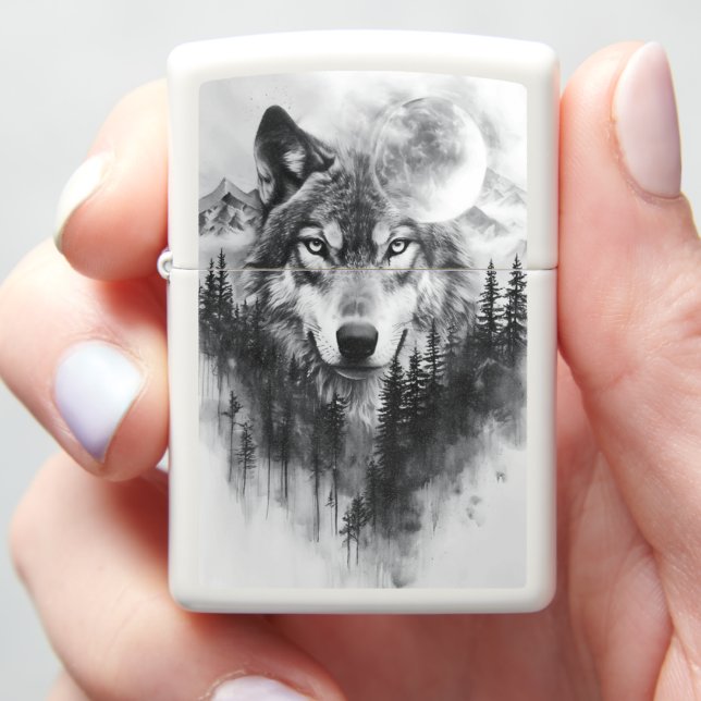 Wolf appears from misty forest at night zippo lighter (In Hand)