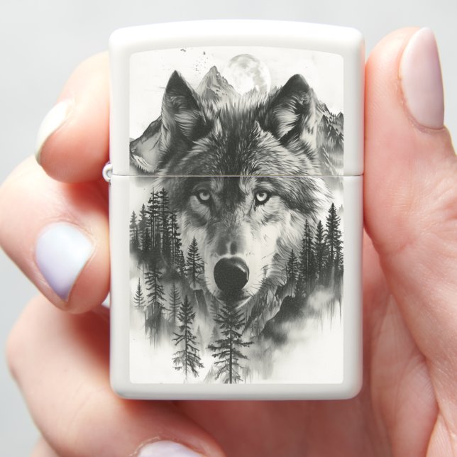 Wolf appears in dawn's misty mountains zippo lighter (In Hand)