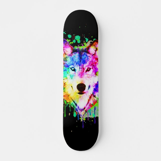 Wolf Art Watercolor Splash Skateboard (Front)