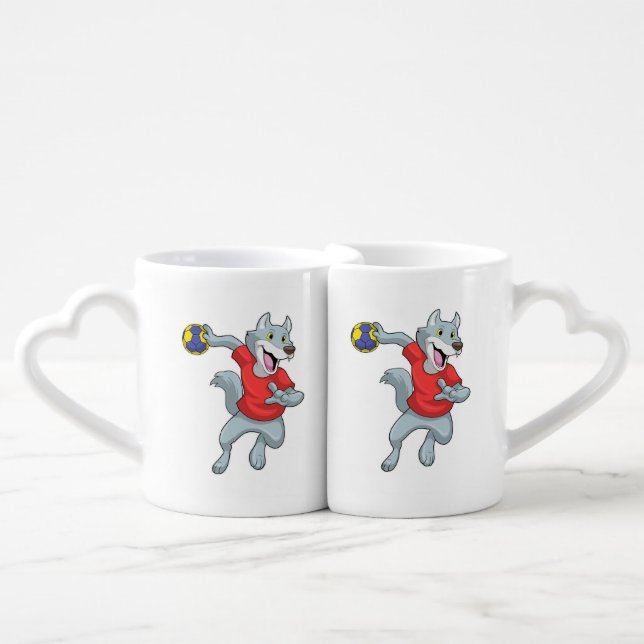 Wolf as Handball player with Handball Coffee Mug Set (Front Nesting)