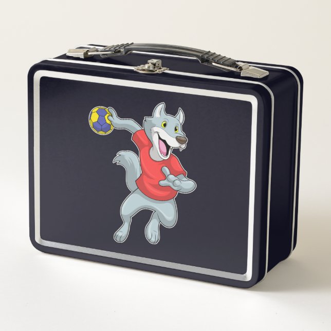 Wolf as Handball player with Handball Metal Lunch Box (Front)