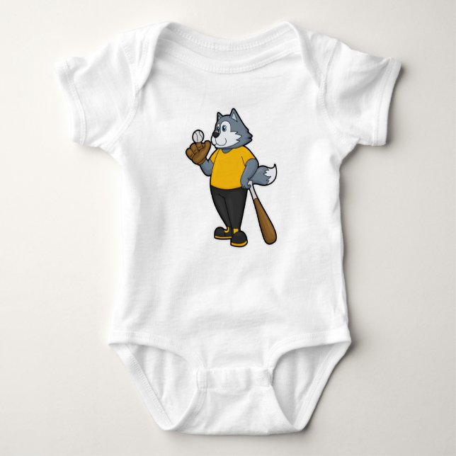 Wolf at Baseball with Baseball bat Baby Bodysuit (Front)