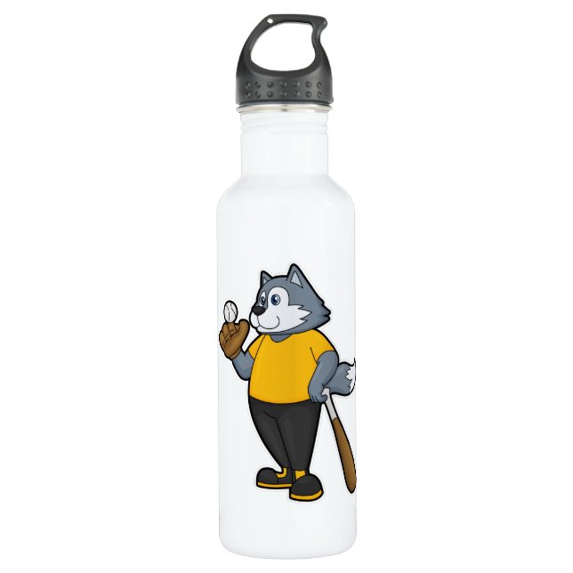 Wolf at Baseball with Baseball bat Stainless Steel Water Bottle (Front)