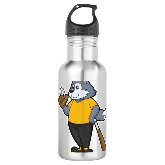 Wolf at Baseball with Baseball bat Stainless Steel Water Bottle (Front)