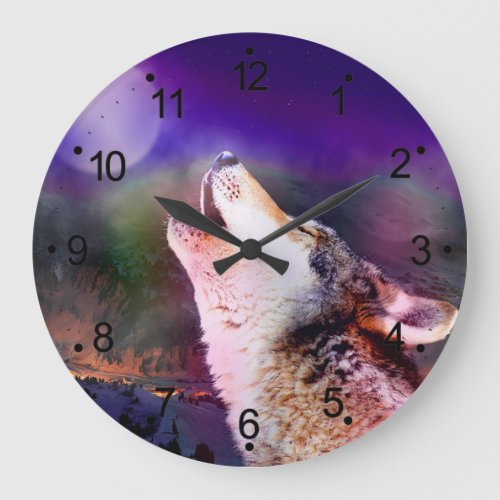 Wolf at night large clock