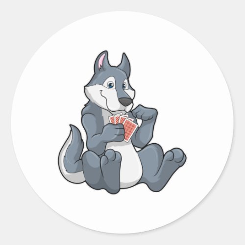 Wolf at Poker with Poker cards Classic Round Sticker