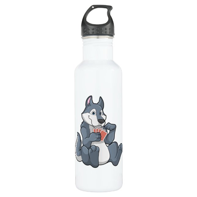 Wolf at Poker with Poker cards Stainless Steel Water Bottle (Front)
