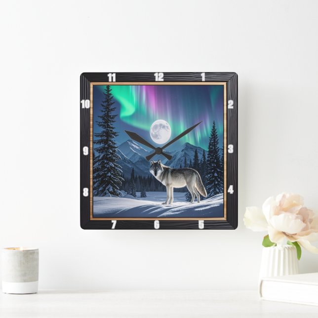Wolf Aurora Borealis Wildlife Square Wall Clock (Home)