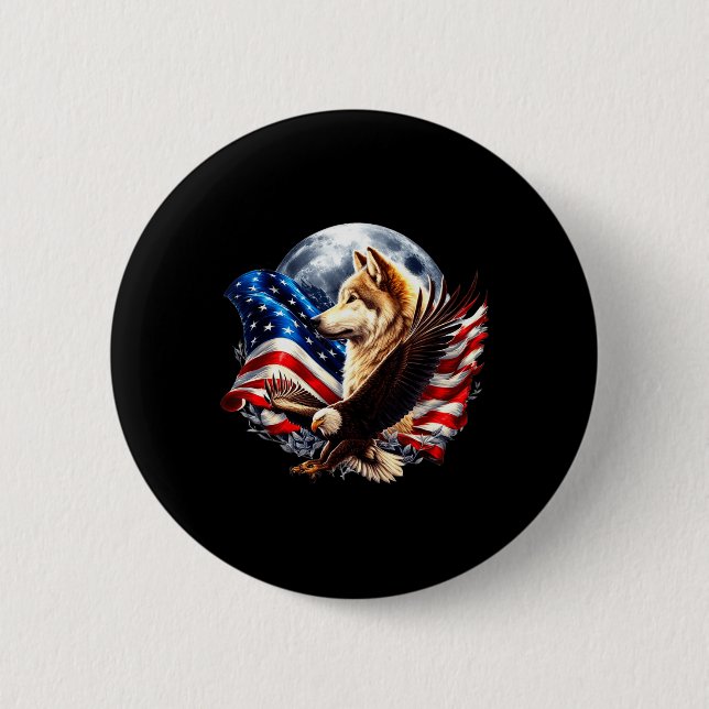 Wolf Bald Eagle American Flag Full Moon New Years  Button (Front)