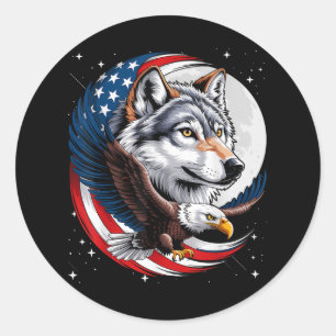 Wolf Bald Eagle American Flag Full Moon New Years Classic Round Sticker