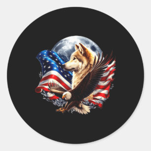 Wolf Bald Eagle American Flag Full Moon New Years  Classic Round Sticker