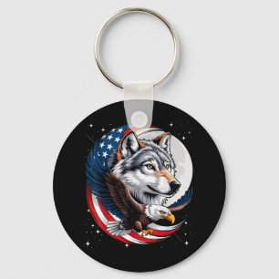 Wolf Bald Eagle American Flag Full Moon New Years Keychain