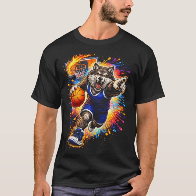 Wolf Basketball Player Paint Splash Animal T-Shirt (Front)