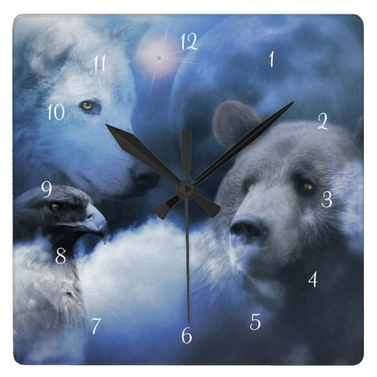 Wolf Bear and Eagle Native American Square Wall Clock