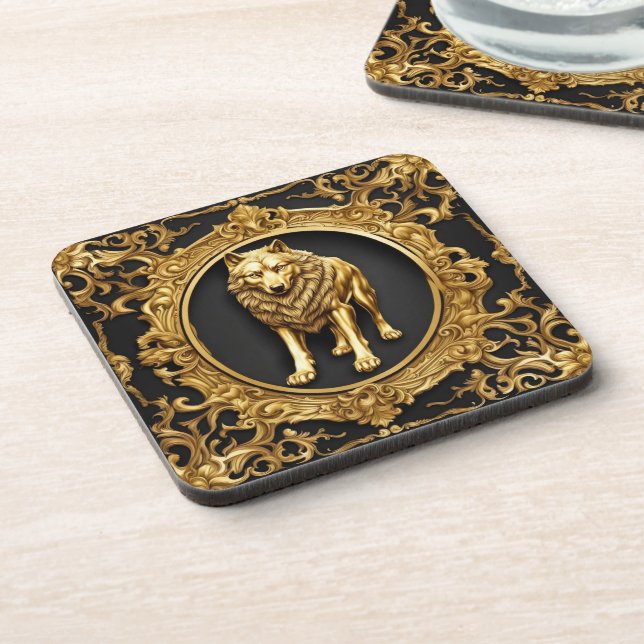 Wolf black and gold ornamental frame beverage coaster (Left Side)