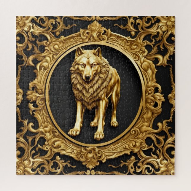 Wolf black and gold ornamental frame jigsaw puzzle (Vertical)