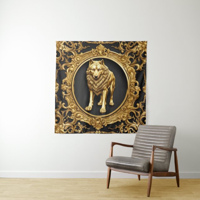 Wolf black and gold ornamental frame tapestry (In Situ)