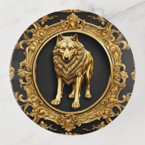 Wolf black and gold ornamental frame trinket tray