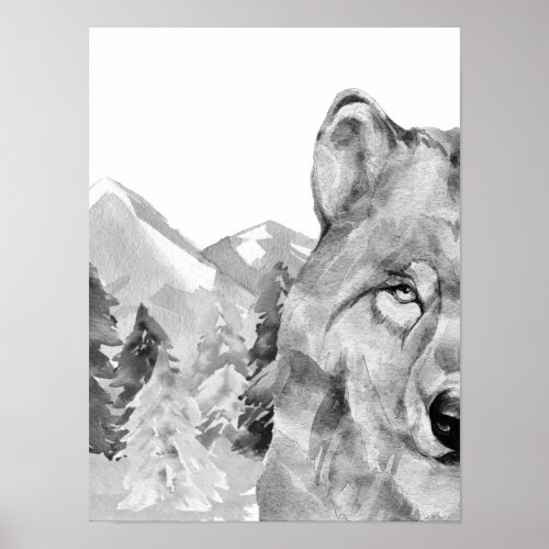 Wolf Black White Watercolor Forest Poster