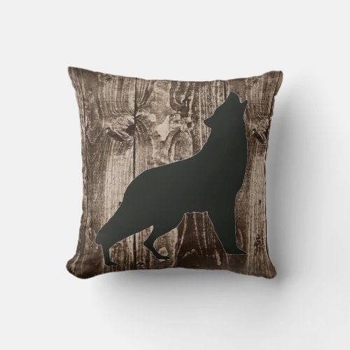Wolf Black Wildlife on Rustic Wood Cabin Throw Pillow