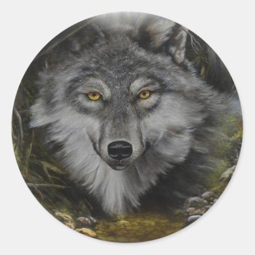 Wolf blending into River painting Classic Round Sticker