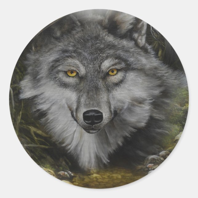 Wolf blending into River painting Classic Round Sticker (Front)