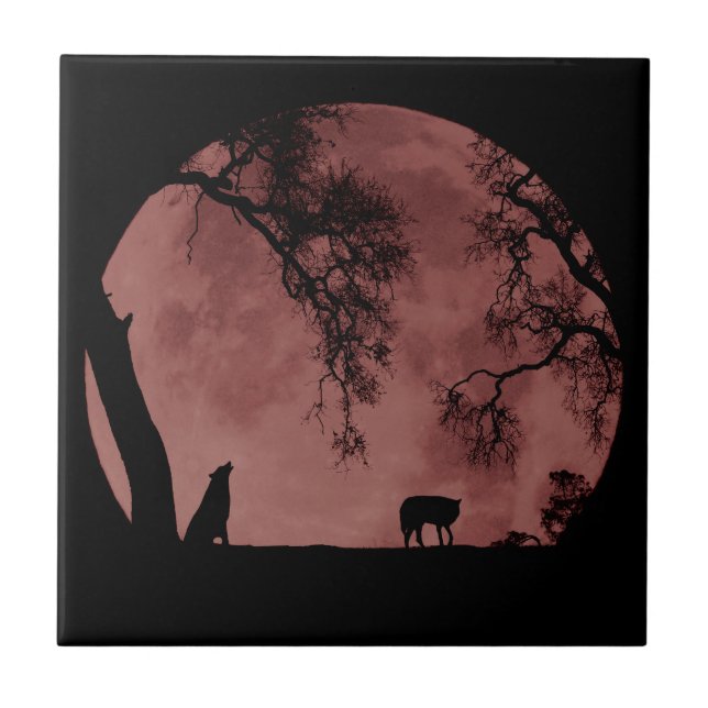Wolf Blood Moon Home Decor Ceramic Tile (Front)