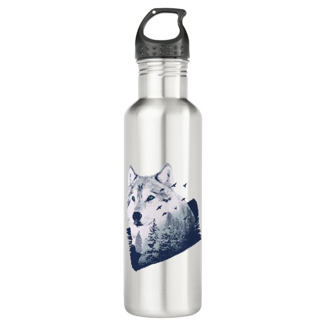 Wolf Blue Forest Grunge Stainless Steel Water Bottle (Front)