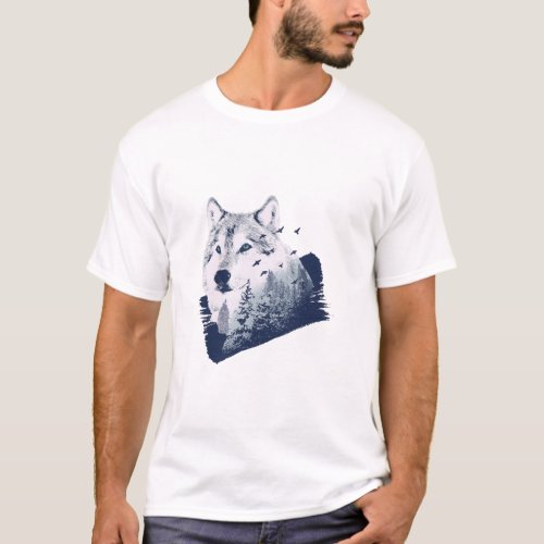 Wolf Blue Forest Grunge T_Shirt