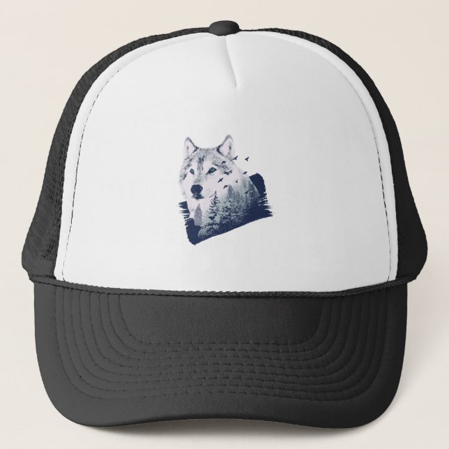 Wolf Blue Forest Grunge Trucker Hat (Front)