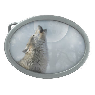 Wolf Blue Moon Oval Belt Buckle