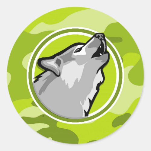 Wolf bright green camo camouflage classic round sticker