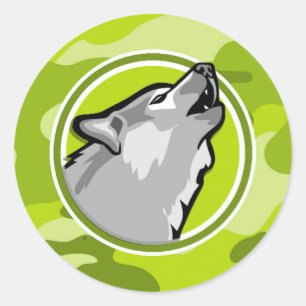 Wolf; bright green camo, camouflage classic round sticker