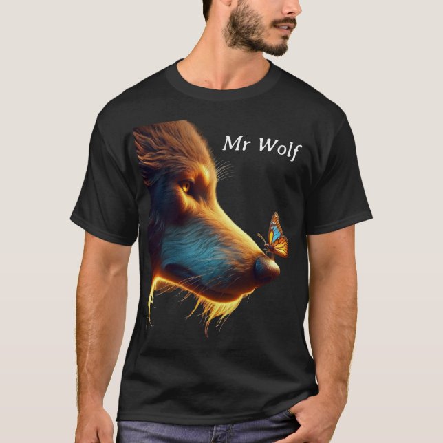Wolf & Butterfly with golden backlight. Editable T-Shirt (Front)