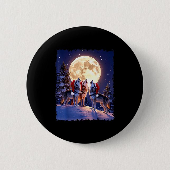 Wolf Christmas Funny 3 Wolf Howling Moon Santa Hat Button (Front)