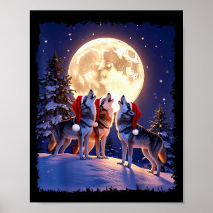 Wolf Christmas Funny 3 Wolf Howling Moon Santa Hat Poster