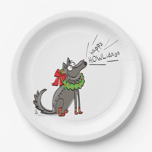 Wolf Christmas Happy Howlidays Funny Paper Plates (Front)
