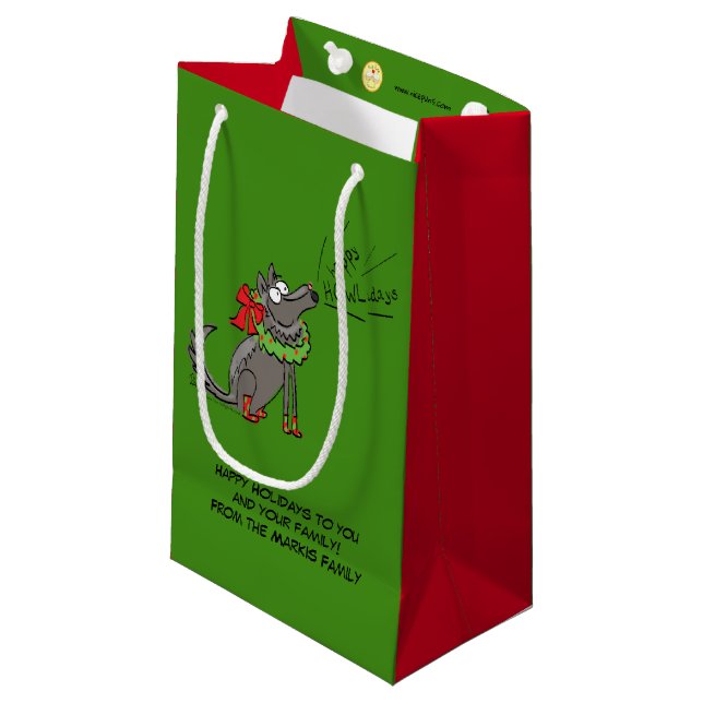 Wolf Christmas Happy Howlidays Funny Small Gift Bag (Front Angled)