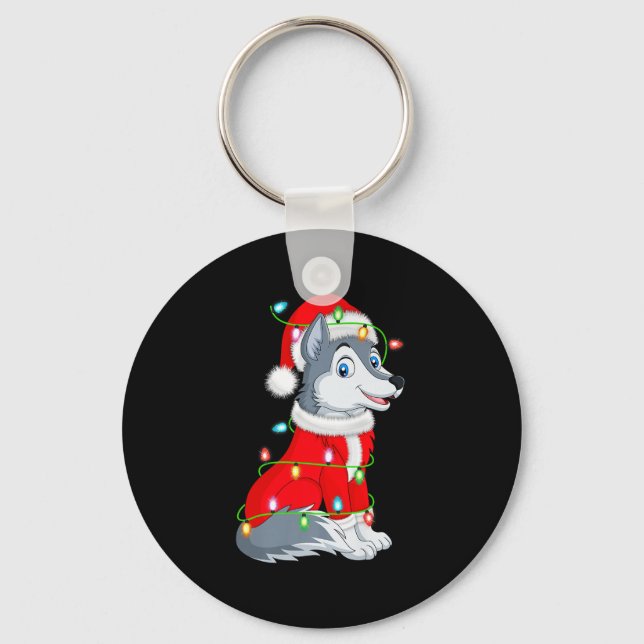 Wolf Christmas Lights Santa Costume Cute Animal Xm Keychain (Front)