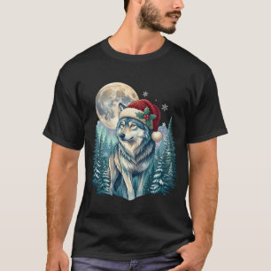 Wolf Christmas Santa Hat Full Moon Pine Forest T-Shirt